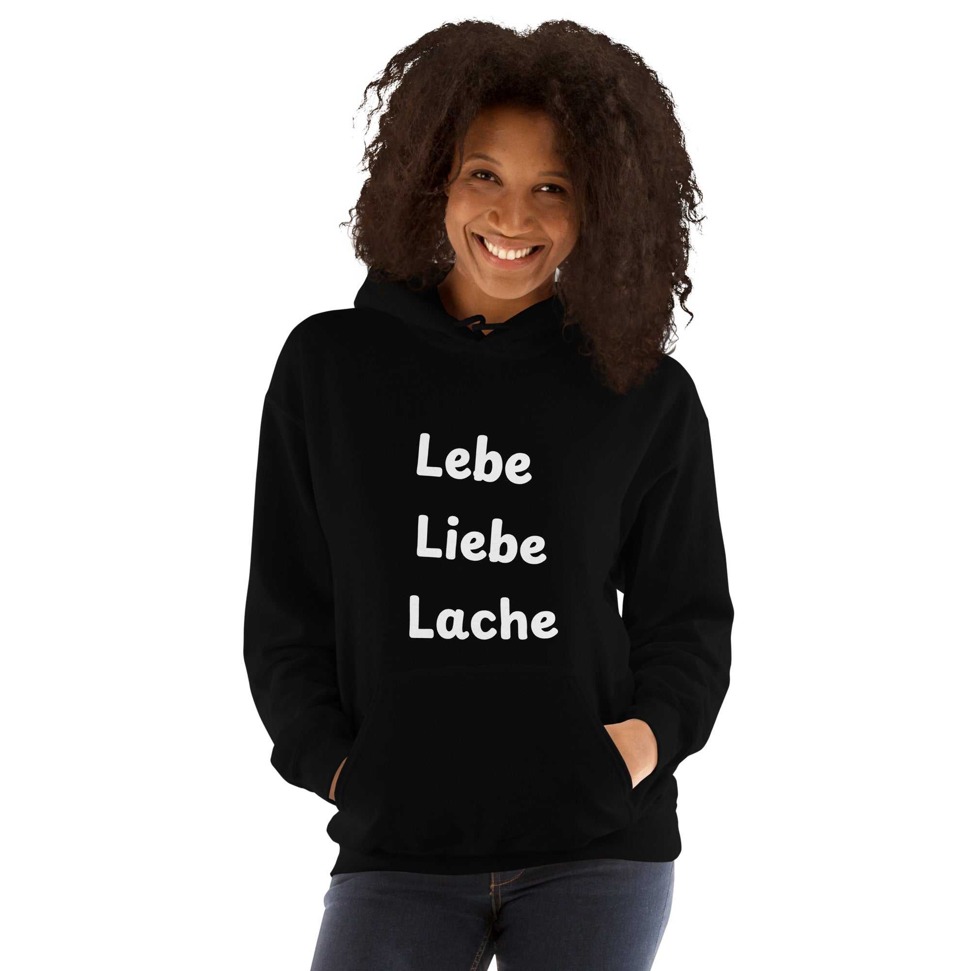 "Lebe, Liebe, Lache" kurzes Zitat Unisex Kapuzen pulloverJeder braucht einen gemütlichen Hoodie, in den man sich einkuscheln kann, also entscheide dich für einen, der weich, glatt und stylisch ist. Er ist die perfekte Wahl"Lebe, Liebe, Lache" kurzes Zitat Unisex Kapuzenpullover