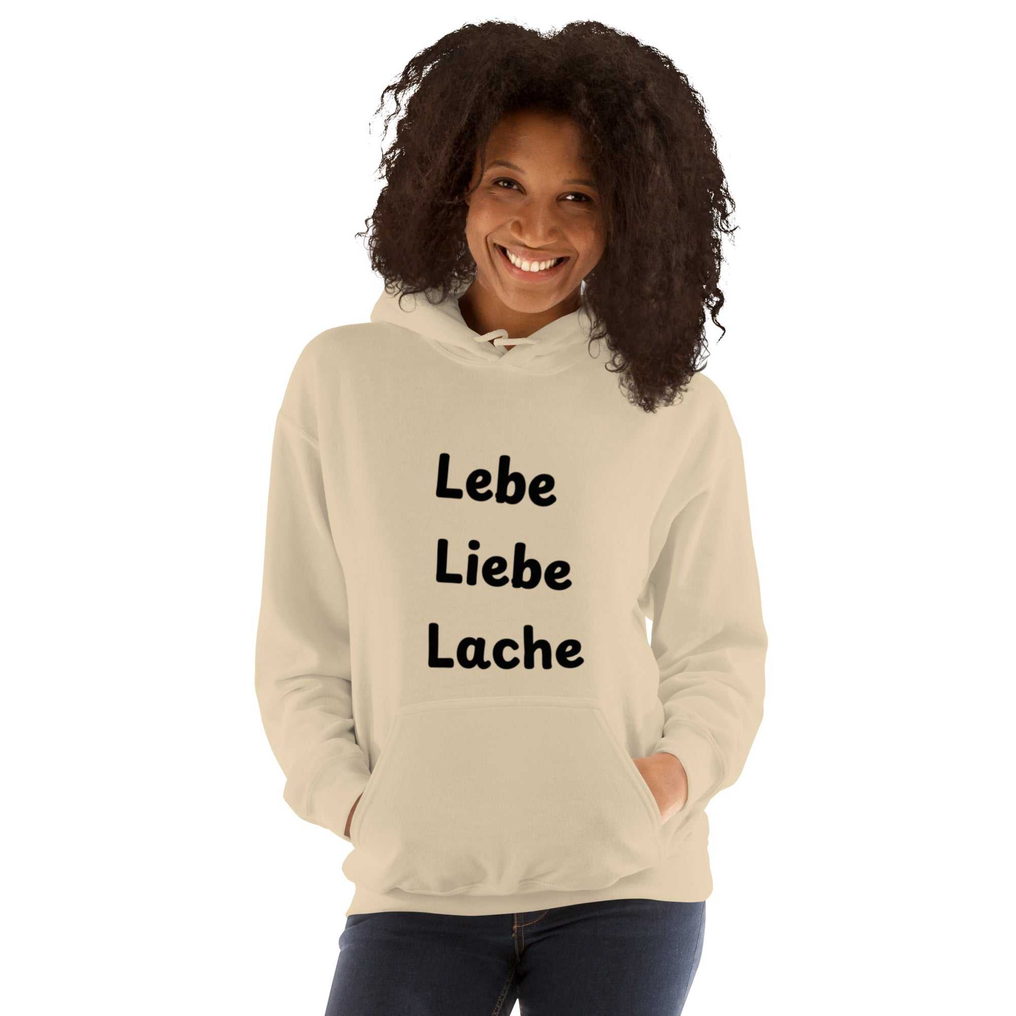 "Lebe, Liebe, Lache" kurzes Zitat Unisex KapuzenpulloverJeder braucht einen gemütlichen Hoodie, in den man sich einkuscheln kann, also entscheide dich für einen, der weich, glatt und stylisch ist. Er ist die perfekte Wahl"Lebe, Liebe, Lache" kurzes Zitat Unisex Kapuzenpullover