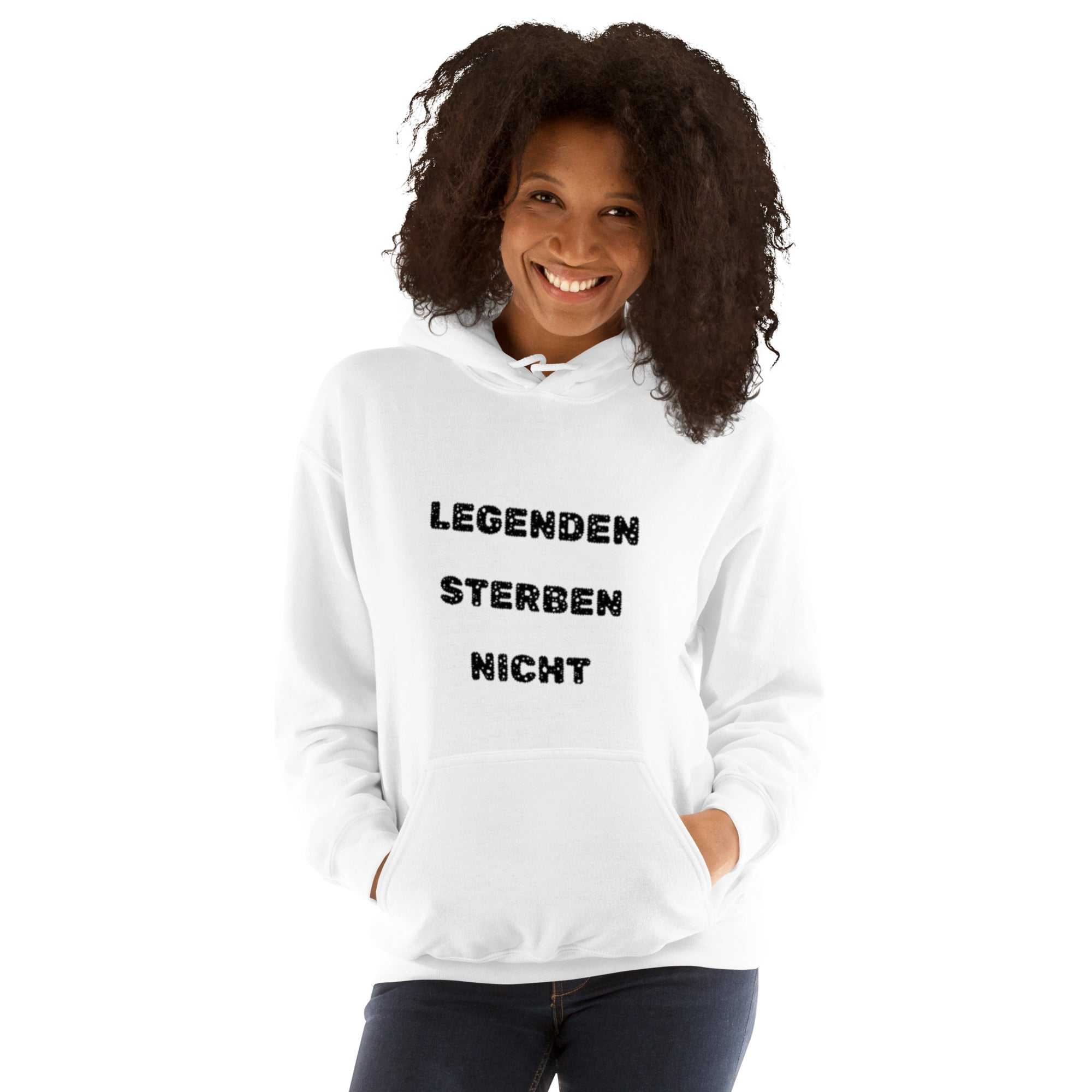 "Legenden Sterben Nicht" kurzes Zitat Unisex KapuzenpulloverJeder braucht einen gemütlichen Hoodie, in den man sich einkuscheln kann, also entscheide dich für einen, der weich, glatt und stylisch ist. Er ist die perfekte Wahl"Legenden Sterben Nicht" kurzes Zitat Unisex Kapuzenpullover