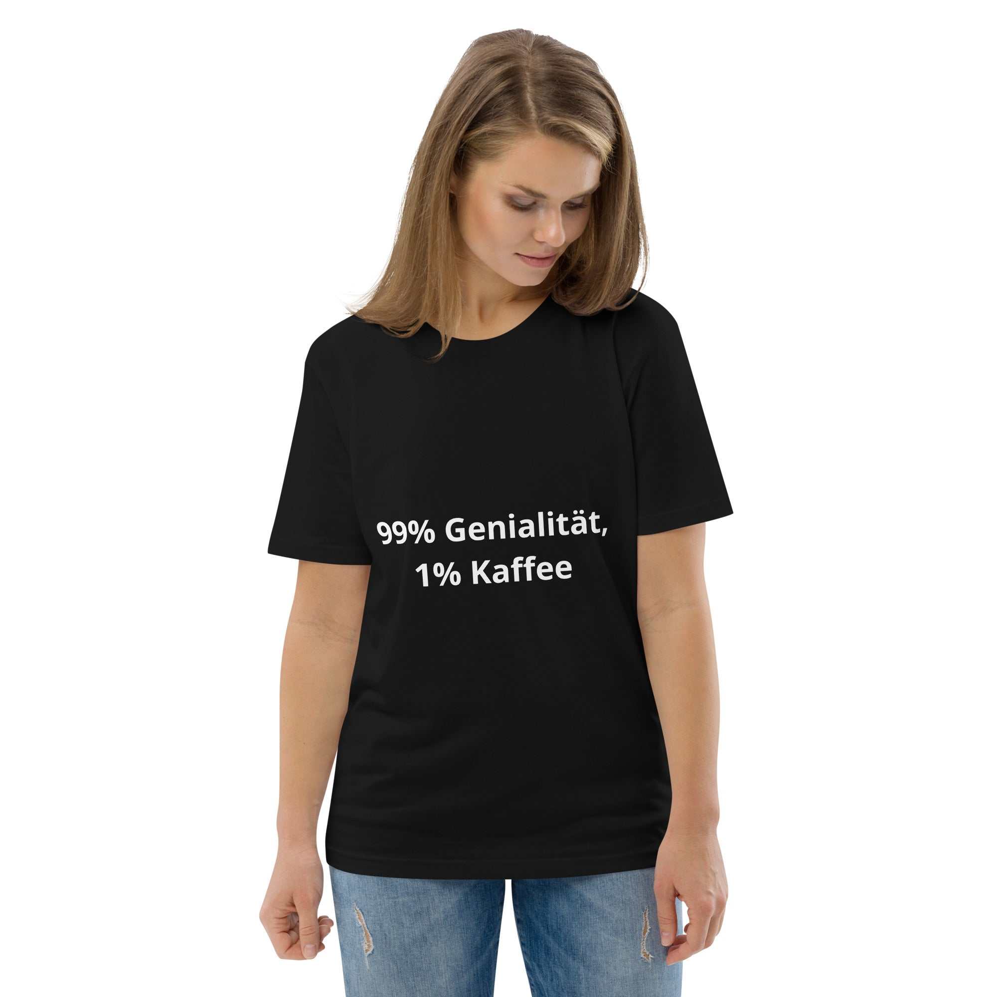 "99% Genialität, 1% Kaffee" Unisex-Bio-Baumwoll-T-ShirtDieses Unisex-T-Shirt aus 100 % ringgesponnener Bio-Baumwolle ist ein absolutes Muss. Es ist hochwertig, super bequem und das Beste von allem – umweltfreundlich. 
 
"99% Genialitä