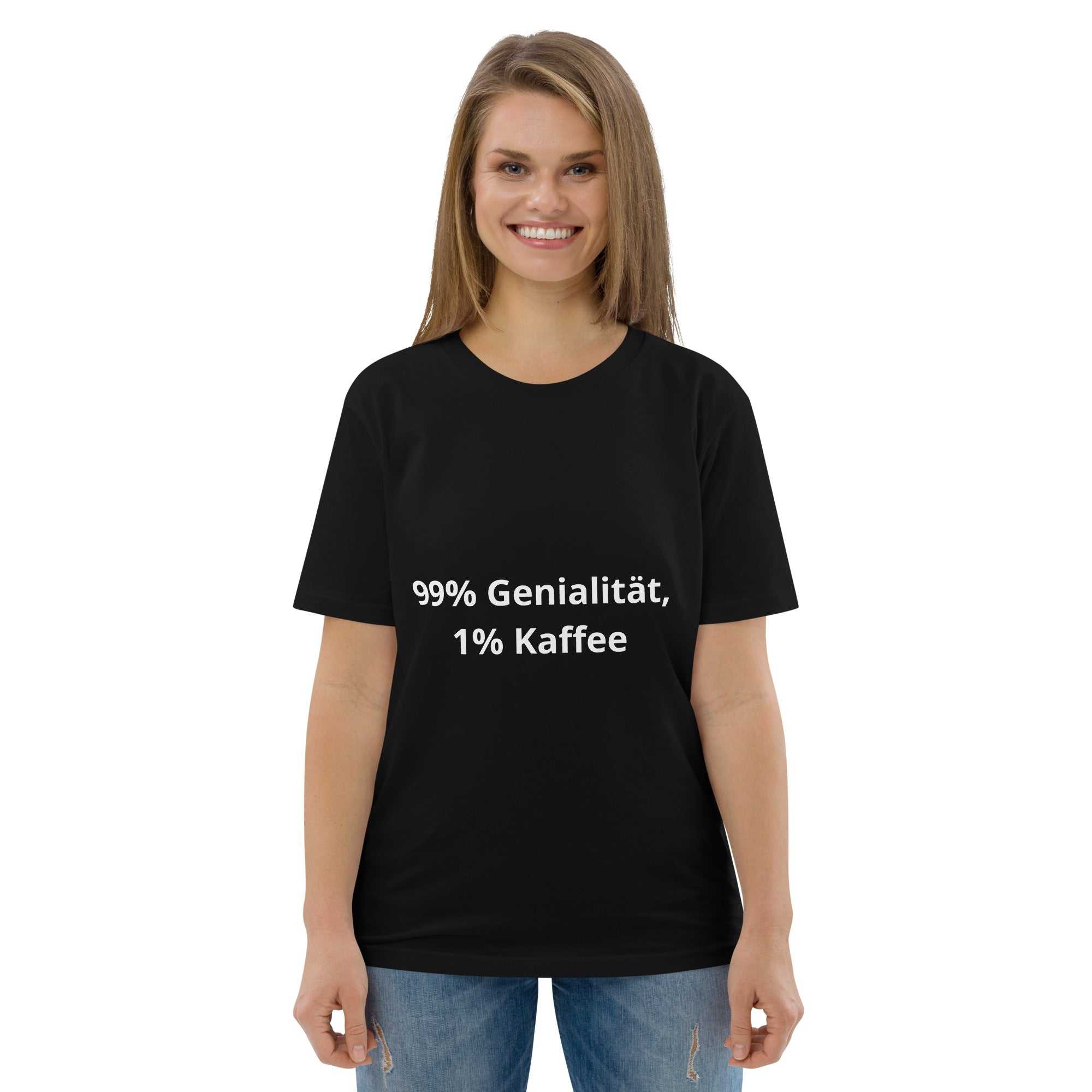 "99% Genialität, 1% Kaffee" Unisex-Bio-Baumwoll-T-ShirtDieses Unisex-T-Shirt aus 100 % ringgesponnener Bio-Baumwolle ist ein absolutes Muss. Es ist hochwertig, super bequem und das Beste von allem – umweltfreundlich. 
 
"99% Genialitä