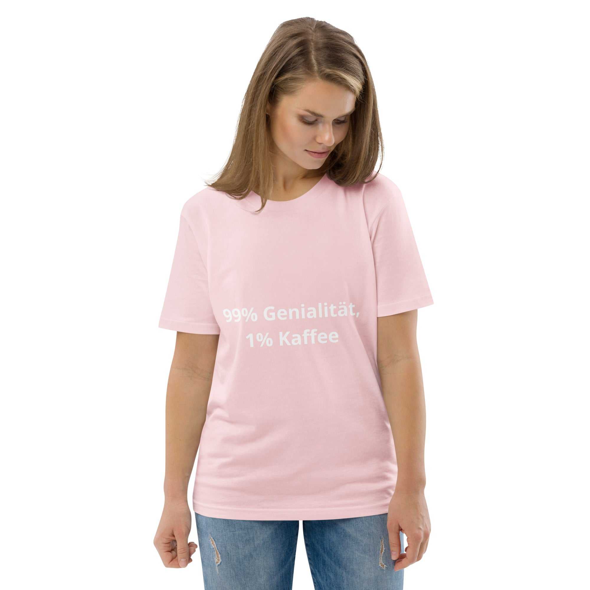 "99% Genialität, 1% Kaffee" Unisex-Bio-Baumwoll-T-ShirtDieses Unisex-T-Shirt aus 100 % ringgesponnener Bio-Baumwolle ist ein absolutes Muss. Es ist hochwertig, super bequem und das Beste von allem – umweltfreundlich. 
 
"99% Genialitä