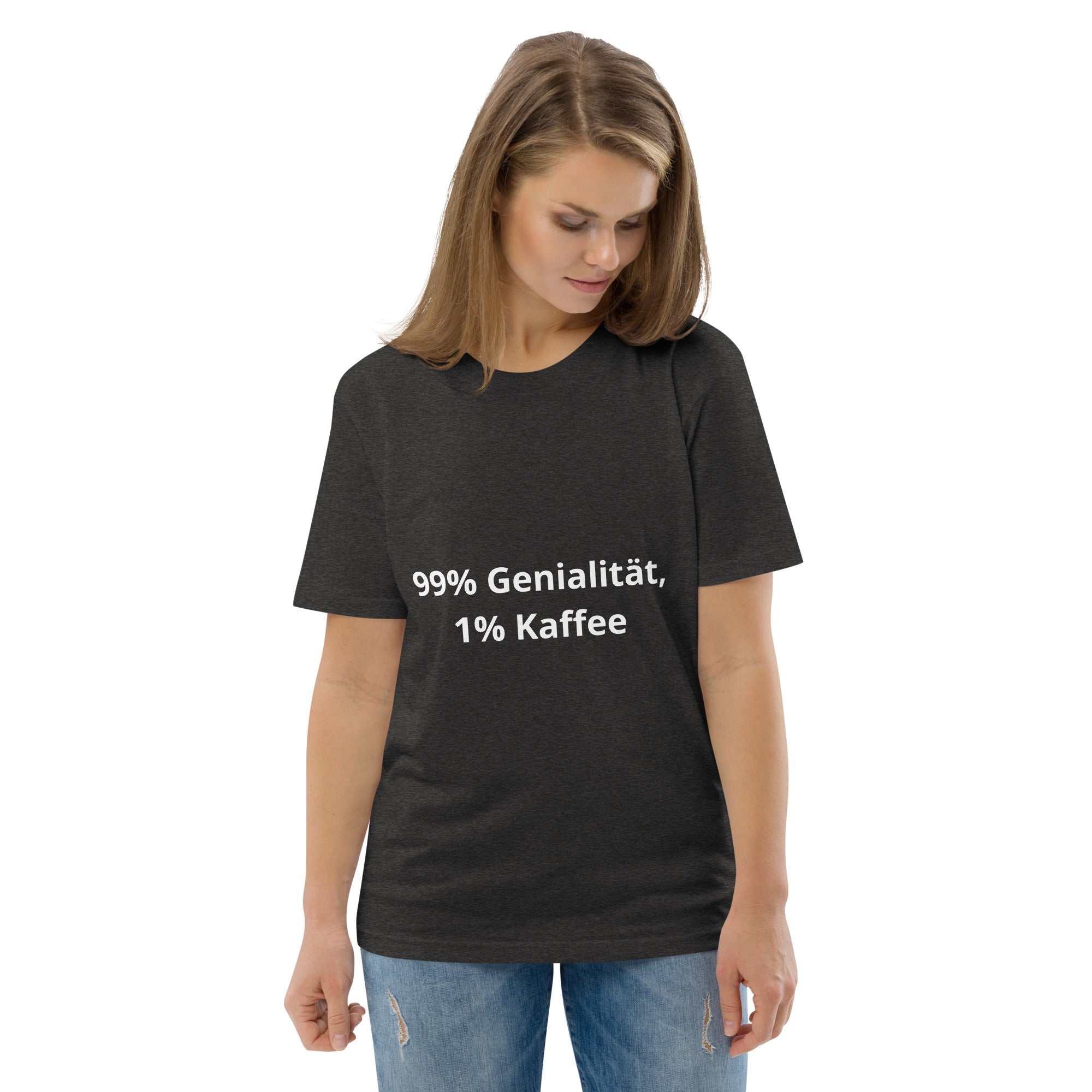 "99% Genialität, 1% Kaffee" Unisex-Bio-Baumwoll-T-ShirtDieses Unisex-T-Shirt aus 100 % ringgesponnener Bio-Baumwolle ist ein absolutes Muss. Es ist hochwertig, super bequem und das Beste von allem – umweltfreundlich. 
 
"99% Genialitä