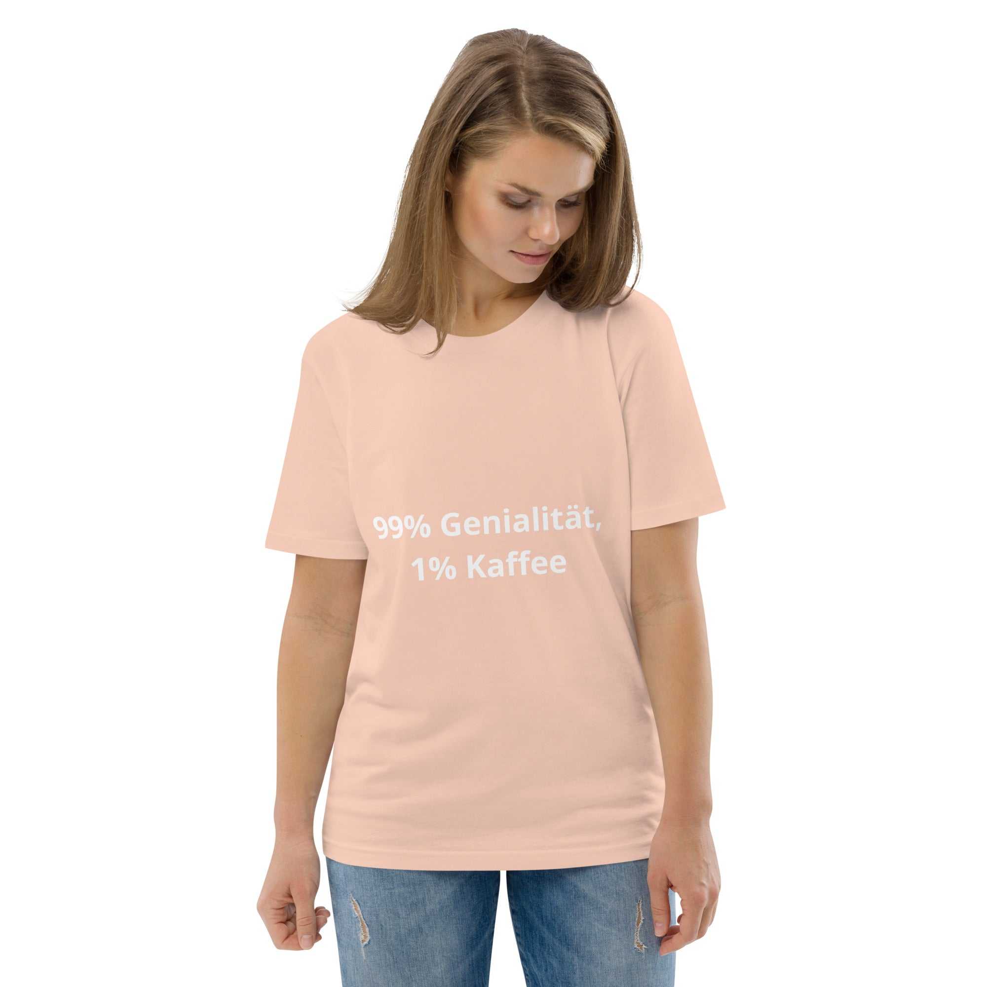 "99% Genialität, 1% Kaffee" Unisex-Bio-Baumwoll-T-ShirtDieses Unisex-T-Shirt aus 100 % ringgesponnener Bio-Baumwolle ist ein absolutes Muss. Es ist hochwertig, super bequem und das Beste von allem – umweltfreundlich. 
 
"99% Genialitä