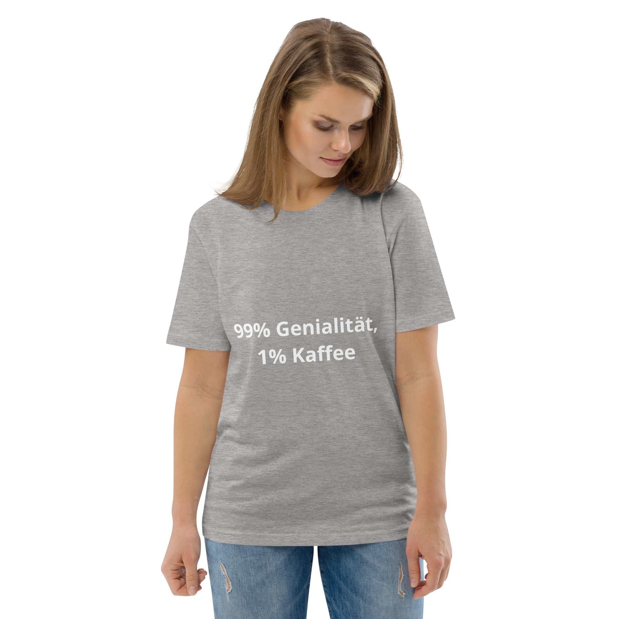 "99% Genialität, 1% Kaffee" Unisex-Bio-Baumwoll-T-ShirtDieses Unisex-T-Shirt aus 100 % ringgesponnener Bio-Baumwolle ist ein absolutes Muss. Es ist hochwertig, super bequem und das Beste von allem – umweltfreundlich. 
 
"99% Genialitä