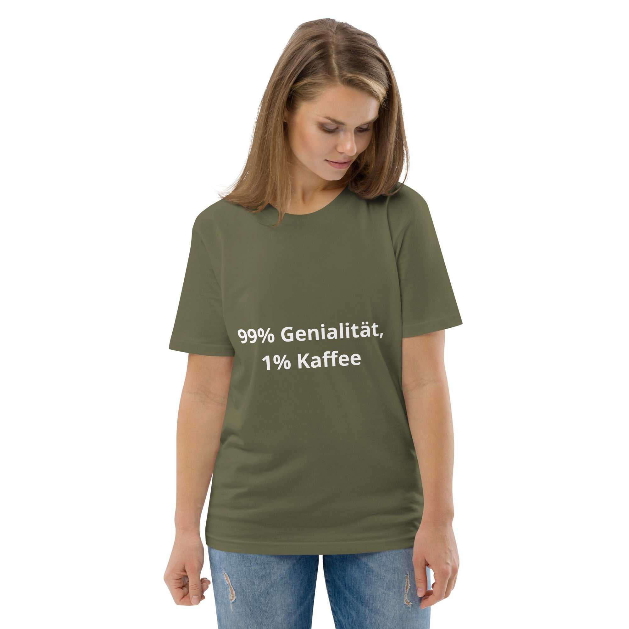 "99% Genialität, 1% Kaffee" Unisex-Bio-Baumwoll-T-ShirtDieses Unisex-T-Shirt aus 100 % ringgesponnener Bio-Baumwolle ist ein absolutes Muss. Es ist hochwertig, super bequem und das Beste von allem – umweltfreundlich. 
 
"99% Genialitä