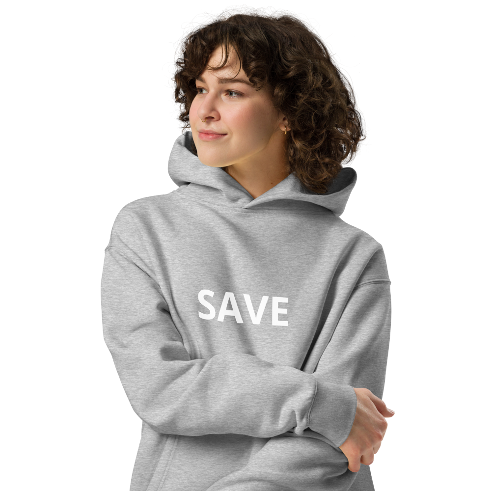 "SAVE" Oversized-Unisex-HoodieMit diesem trendigen Oversized Hoodie setzt du überall einen stilvollen Akzent. Er eignet sich hervorragend zum Überziehen, hat eine lockere Passform und ist aus bes"SAVE" Oversized-Unisex-Hoodie