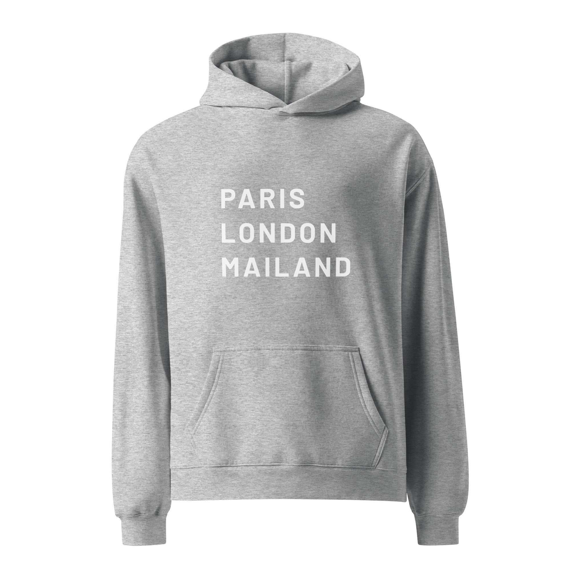 "PARIS LONDON MAILAND" Oversized-Unisex-HoodieMit diesem trendigen Oversized Hoodie setzt du überall einen stilvollen Akzent. Er eignet sich hervorragend zum Überziehen, hat eine lockere Passform und ist aus bes"PARIS LONDON MAILAND" Oversized-Unisex-Hoodie