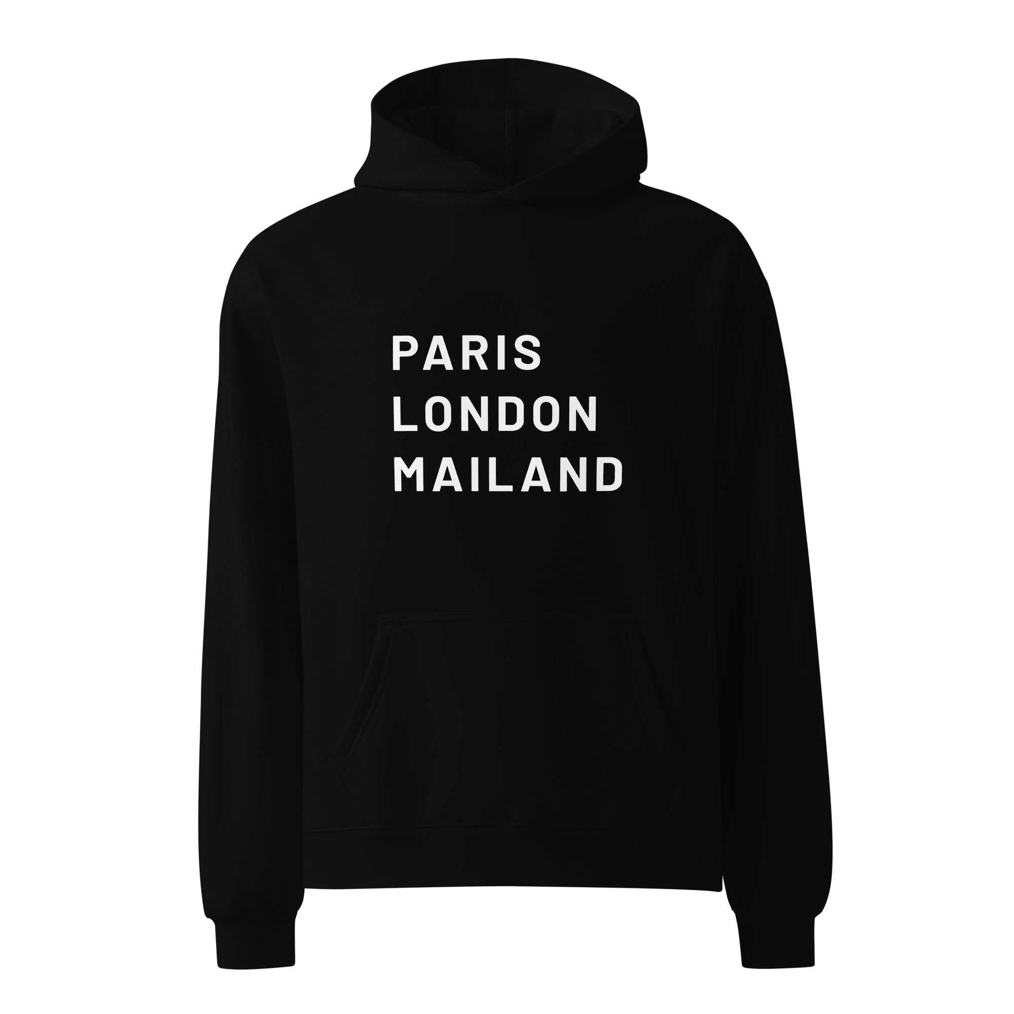 "PARIS LONDON MAILAND" Oversized-Unisex-HoodieMit diesem trendigen Oversized Hoodie setzt du überall einen stilvollen Akzent. Er eignet sich hervorragend zum Überziehen, hat eine lockere Passform und ist aus bes"PARIS LONDON MAILAND" Oversized-Unisex-Hoodie